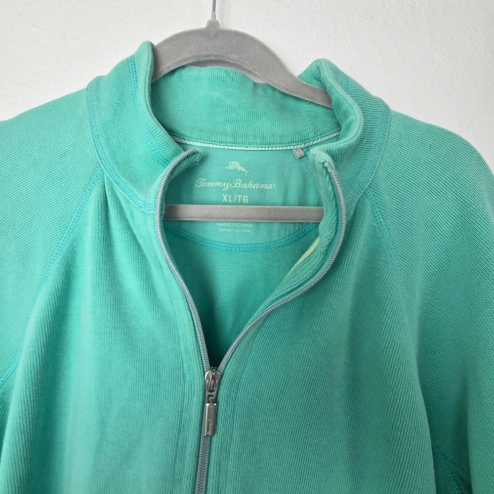 Tommy Bahama Mens XL Teal Quarter Zip Ribbed‎ Pullover Sweater Cotton Blend